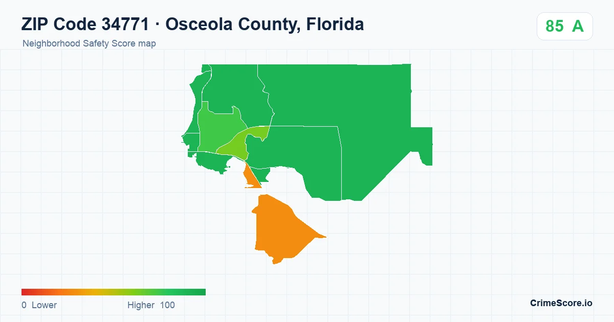 ZIP Code 34771 in Osceola County, Florida neighborhood Safety Score map