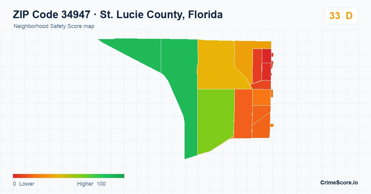ZIP Code 34947 in St. Lucie County, Florida neighborhood Safety Score map