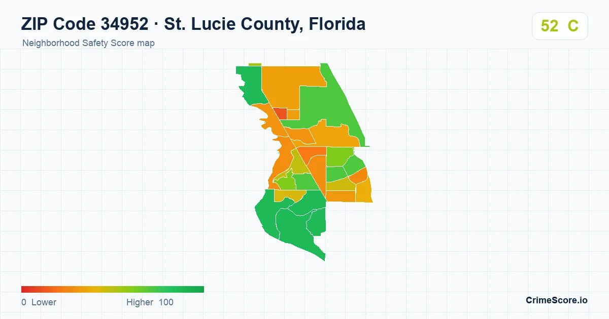 ZIP Code 34952 in St. Lucie County, Florida neighborhood Safety Score map
