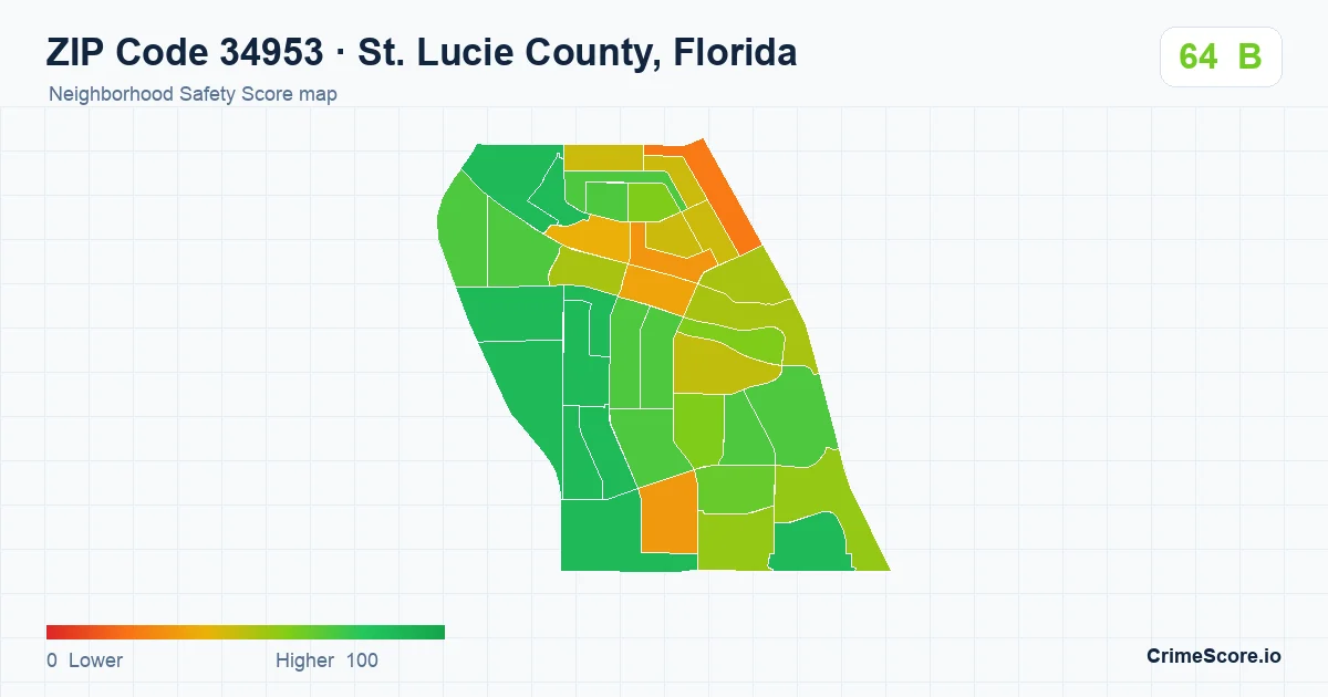 ZIP Code 34953 in St. Lucie County, Florida neighborhood Safety Score map