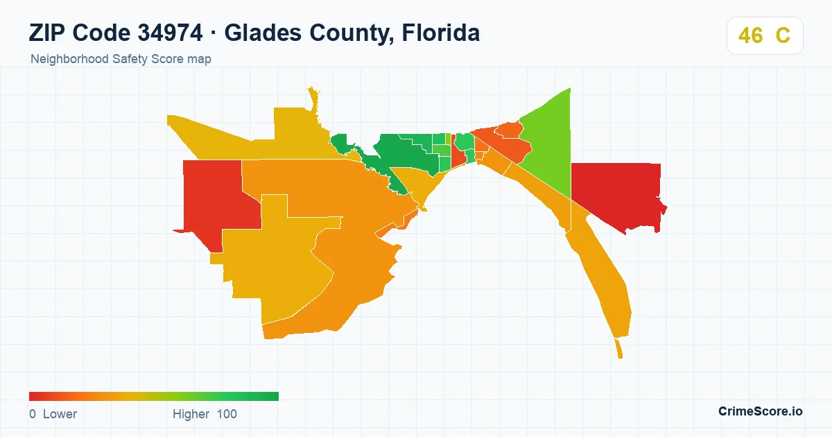 ZIP Code 34974 in Glades County, Florida neighborhood Safety Score map