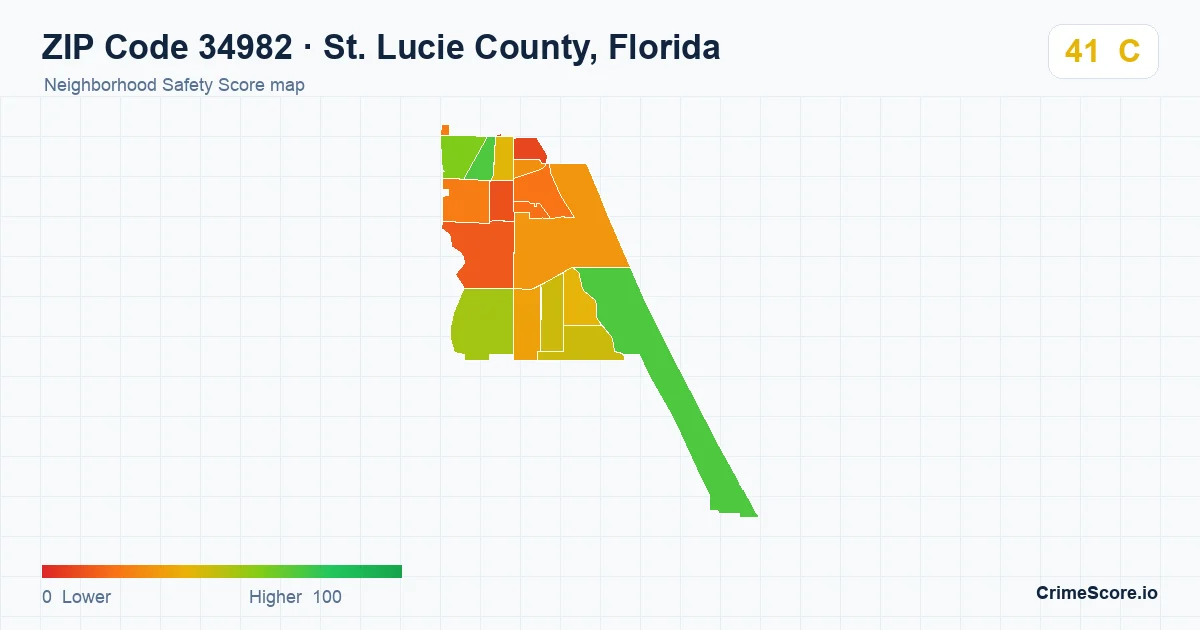 ZIP Code 34982 in St. Lucie County, Florida neighborhood Safety Score map