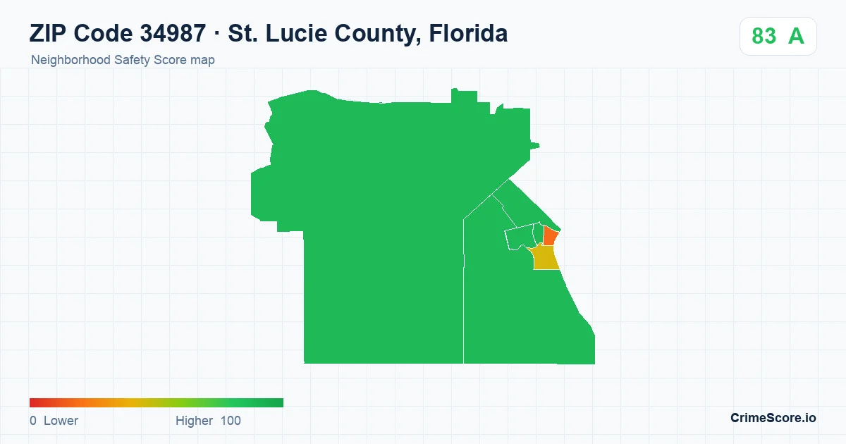 ZIP Code 34987 in St. Lucie County, Florida neighborhood Safety Score map
