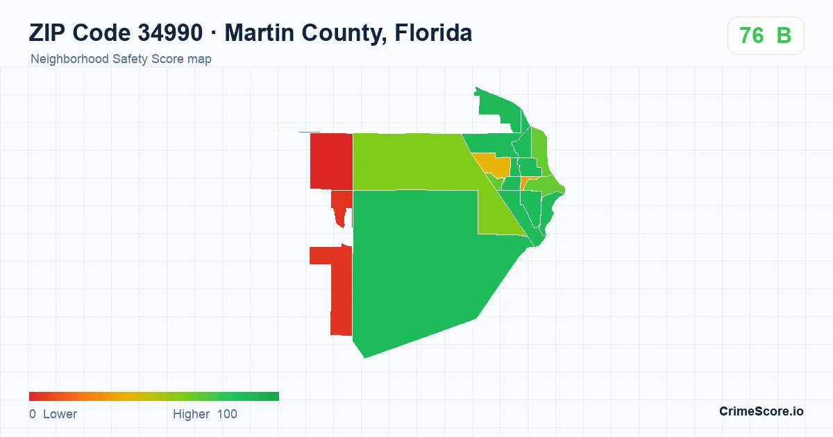 ZIP Code 34990 in Martin County, Florida neighborhood Safety Score map