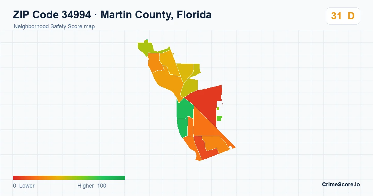 ZIP Code 34994 in Martin County, Florida neighborhood Safety Score map
