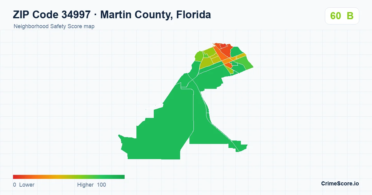 ZIP Code 34997 in Martin County, Florida neighborhood Safety Score map