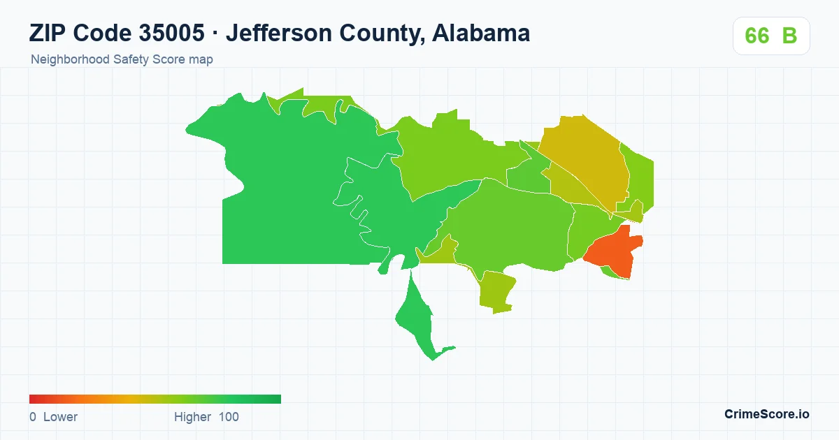 ZIP Code 35005 in Jefferson County, Alabama neighborhood Safety Score map