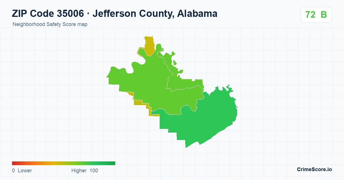 ZIP Code 35006 in Jefferson County, Alabama neighborhood Safety Score map