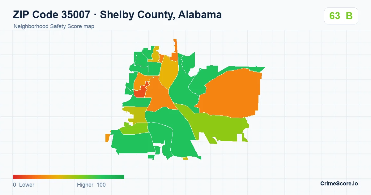 ZIP Code 35007 in Shelby County, Alabama neighborhood Safety Score map