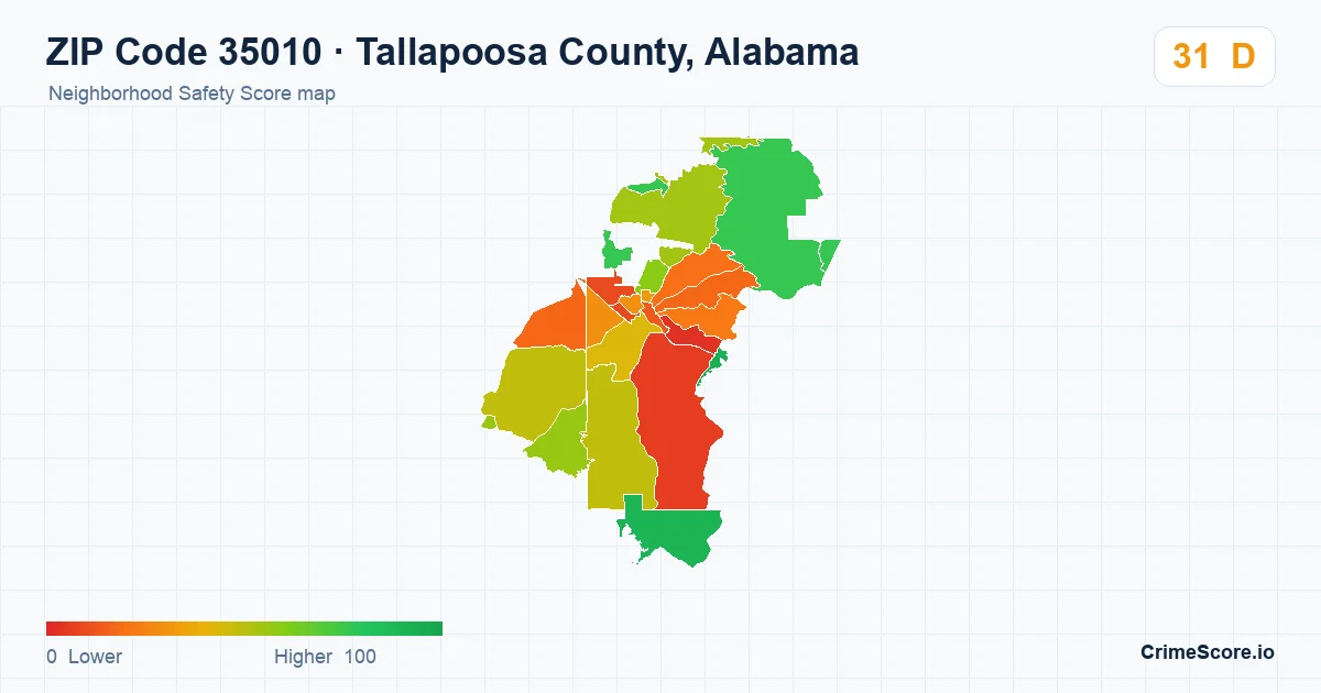 ZIP Code 35010 in Tallapoosa County, Alabama neighborhood Safety Score map
