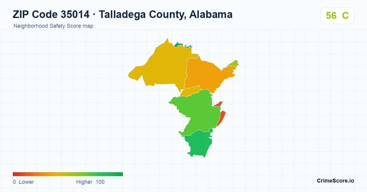 ZIP Code 35014 in Talladega County, Alabama neighborhood Safety Score map