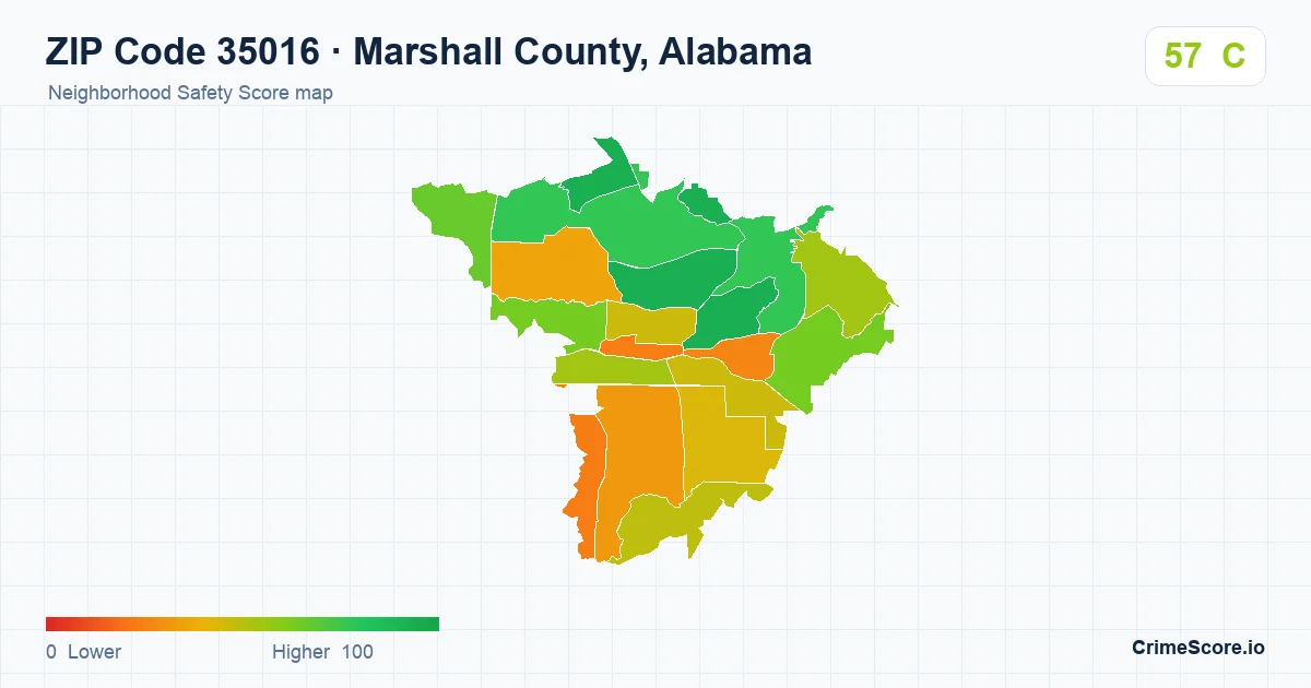 ZIP Code 35016 in Marshall County, Alabama neighborhood Safety Score map