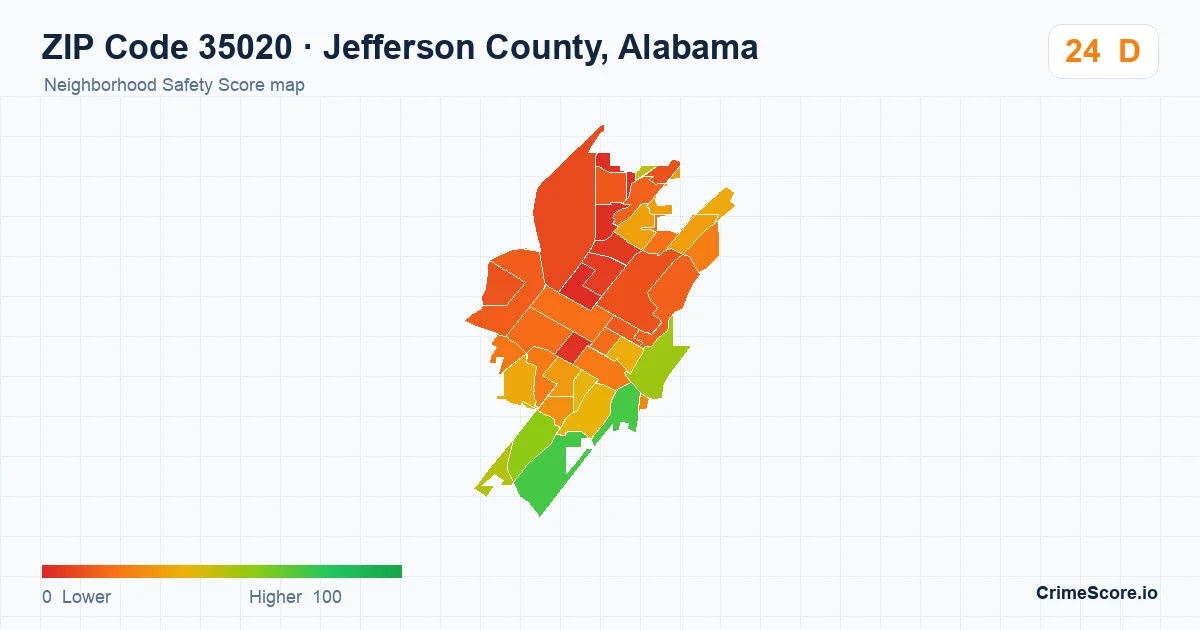 ZIP Code 35020 in Jefferson County, Alabama neighborhood Safety Score map