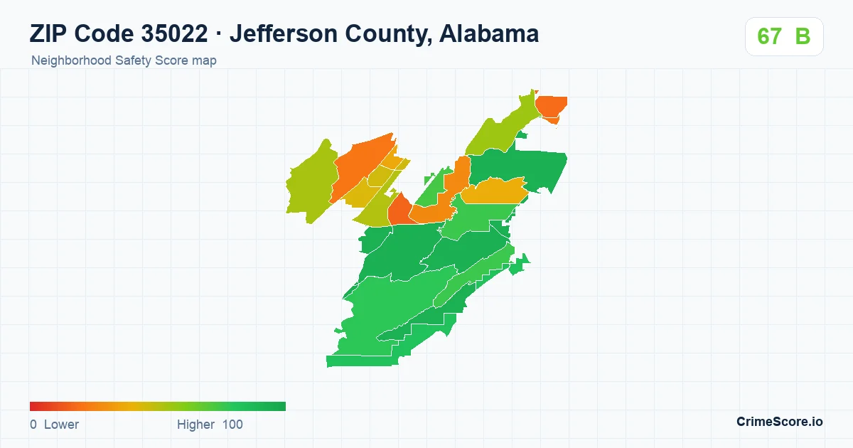 ZIP Code 35022 in Jefferson County, Alabama neighborhood Safety Score map