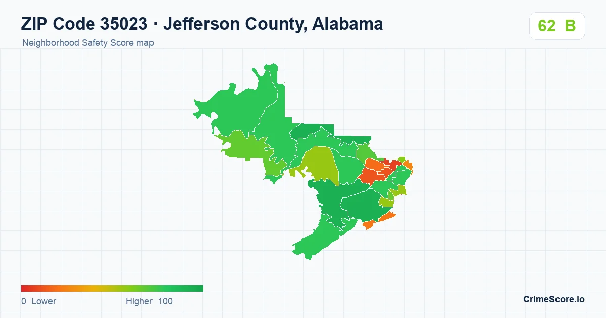 ZIP Code 35023 in Jefferson County, Alabama neighborhood Safety Score map