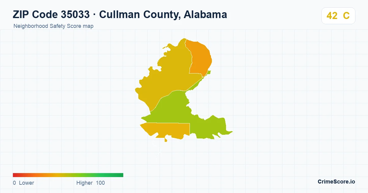 ZIP Code 35033 in Cullman County, Alabama neighborhood Safety Score map