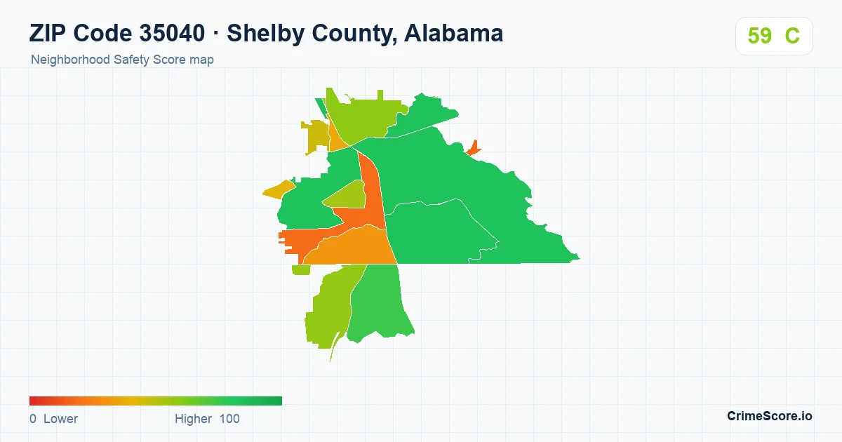 ZIP Code 35040 in Shelby County, Alabama neighborhood Safety Score map