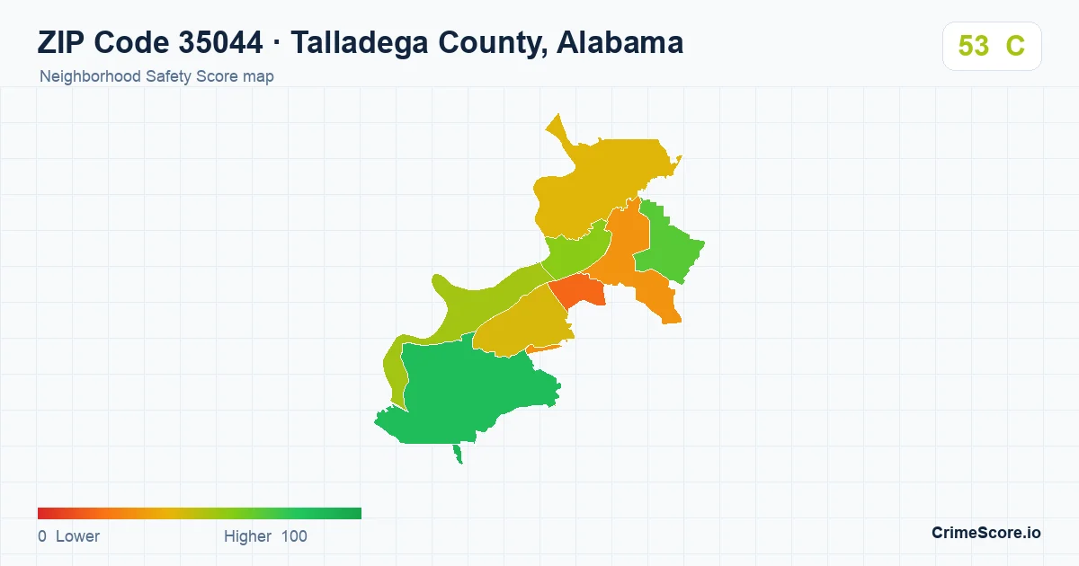 ZIP Code 35044 in Talladega County, Alabama neighborhood Safety Score map