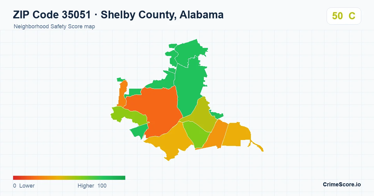 ZIP Code 35051 in Shelby County, Alabama neighborhood Safety Score map