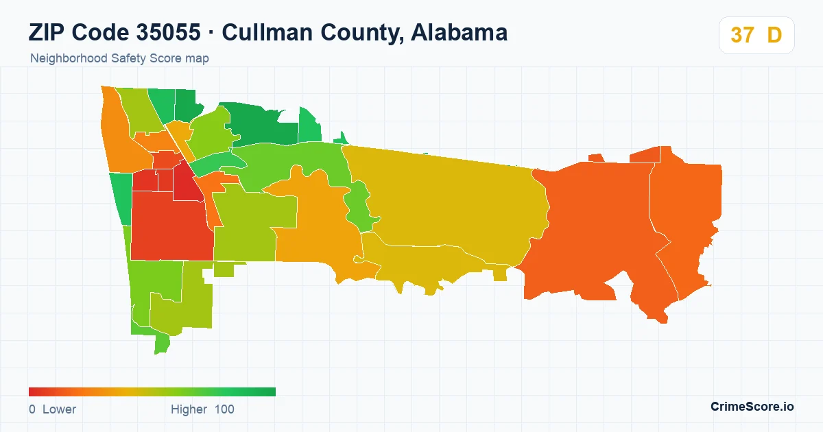 ZIP Code 35055 in Cullman County, Alabama neighborhood Safety Score map