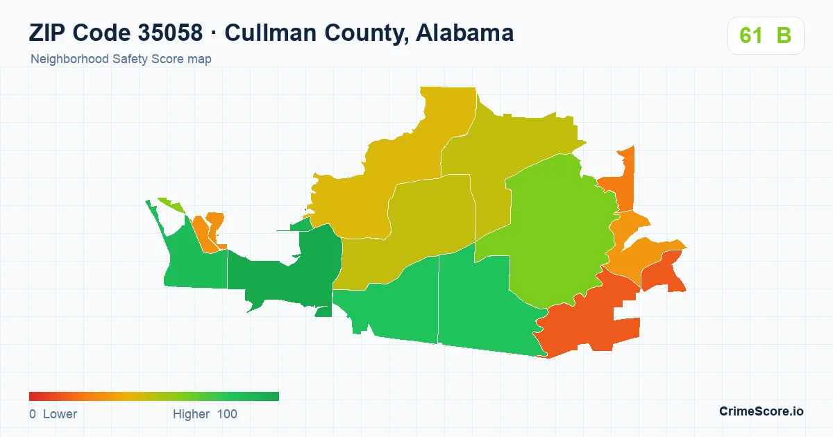 ZIP Code 35058 in Cullman County, Alabama neighborhood Safety Score map
