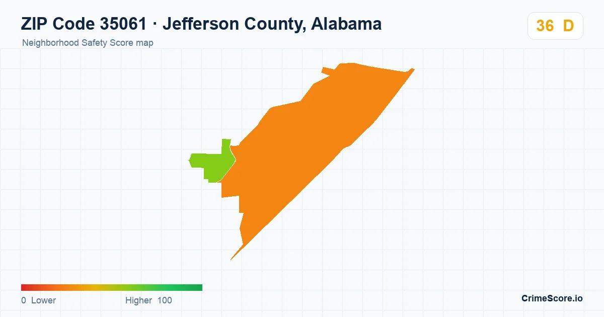 ZIP Code 35061 in Jefferson County, Alabama neighborhood Safety Score map