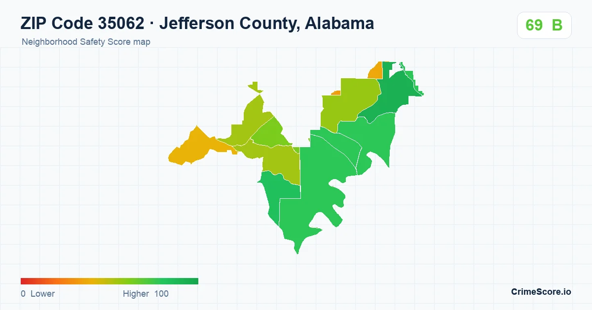 ZIP Code 35062 in Jefferson County, Alabama neighborhood Safety Score map