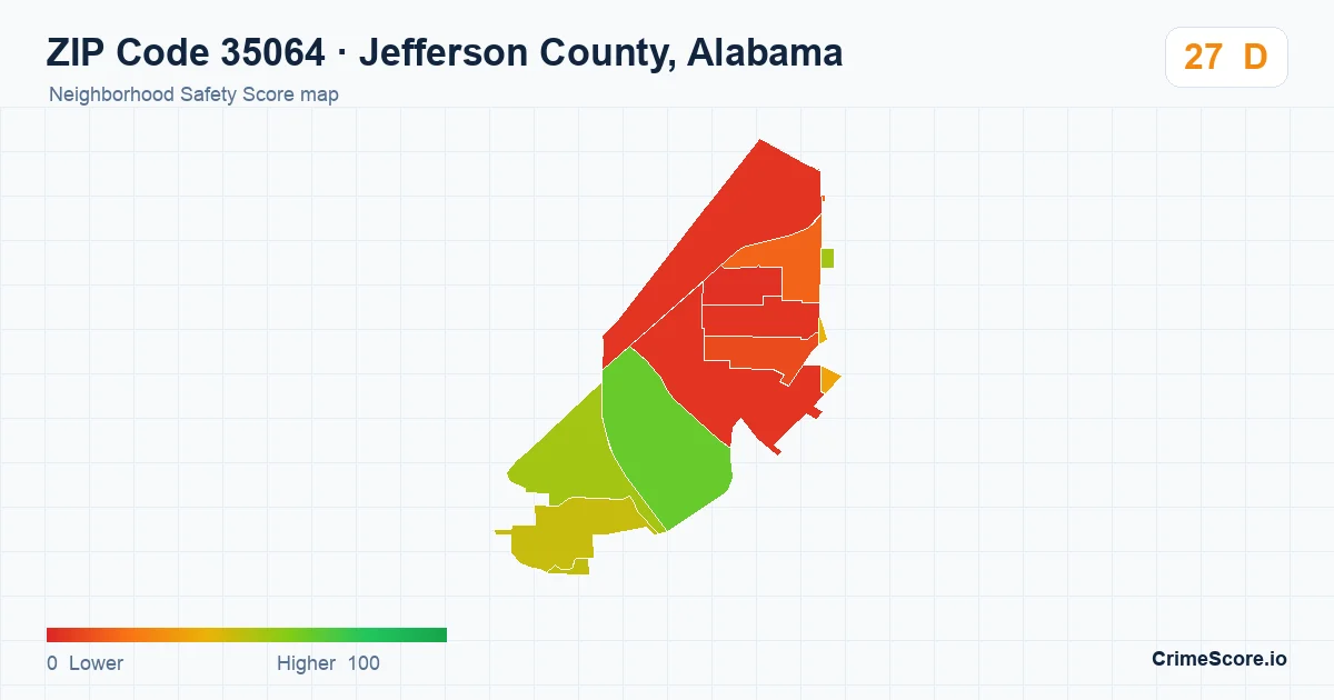 ZIP Code 35064 in Jefferson County, Alabama neighborhood Safety Score map