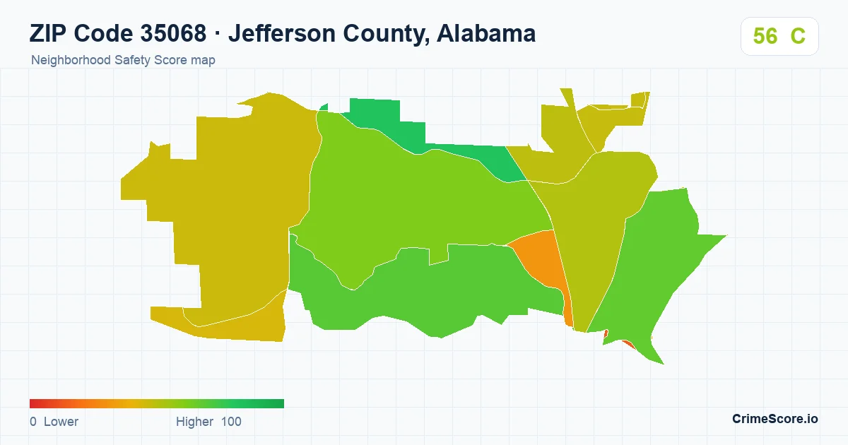 ZIP Code 35068 in Jefferson County, Alabama neighborhood Safety Score map