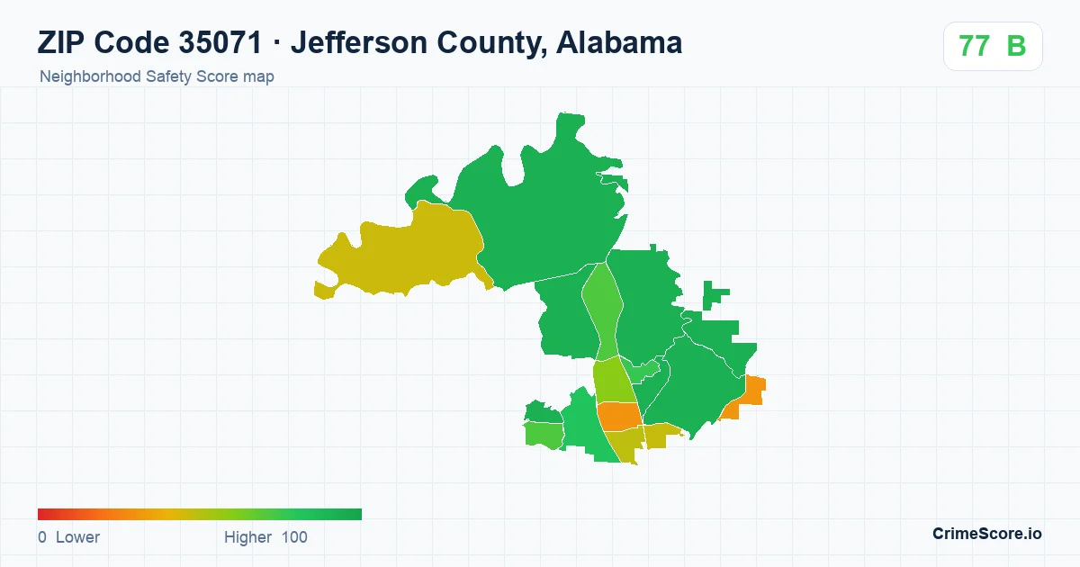 ZIP Code 35071 in Jefferson County, Alabama neighborhood Safety Score map