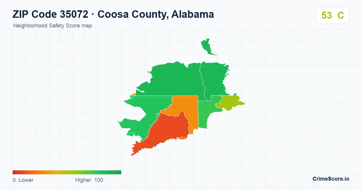 ZIP Code 35072 in Coosa County, Alabama neighborhood Safety Score map