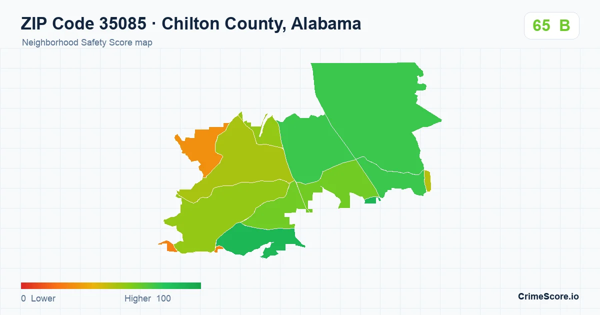 ZIP Code 35085 in Chilton County, Alabama neighborhood Safety Score map