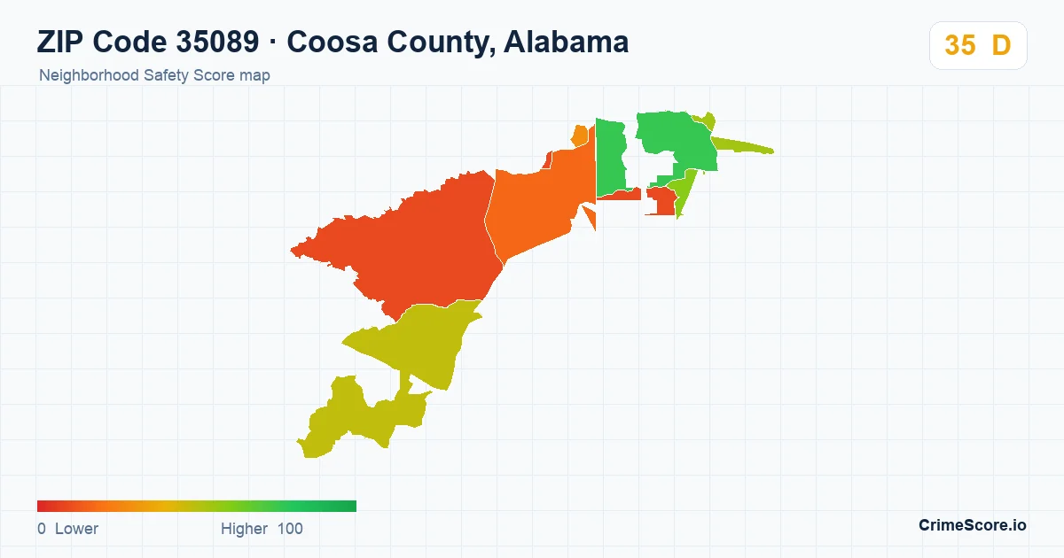 ZIP Code 35089 in Coosa County, Alabama neighborhood Safety Score map