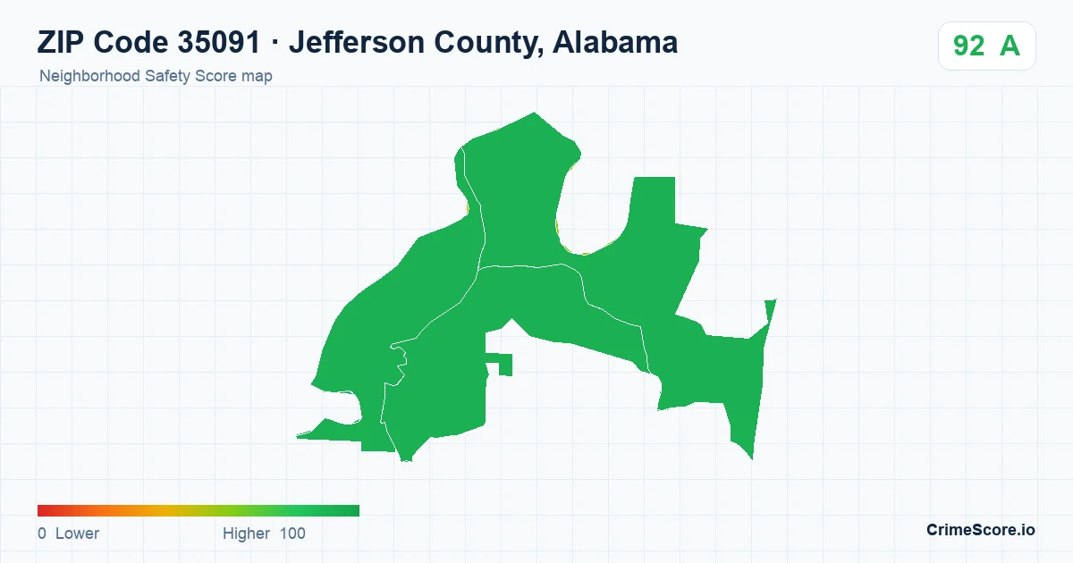ZIP Code 35091 in Jefferson County, Alabama neighborhood Safety Score map