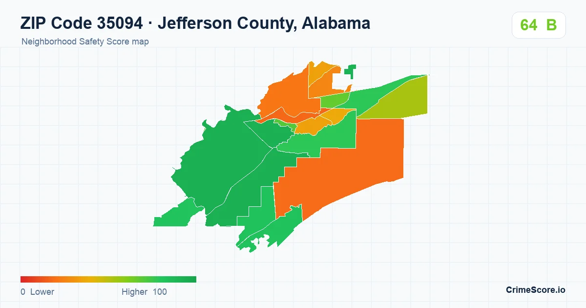 ZIP Code 35094 in Jefferson County, Alabama neighborhood Safety Score map