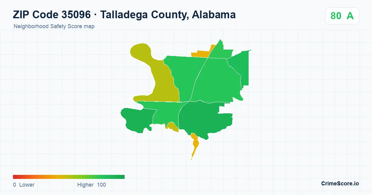 ZIP Code 35096 in Talladega County, Alabama neighborhood Safety Score map
