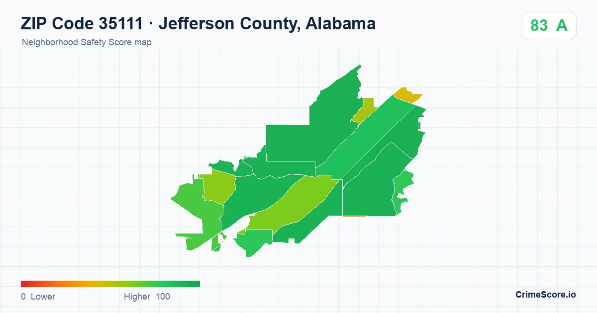 ZIP Code 35111 in Jefferson County, Alabama neighborhood Safety Score map