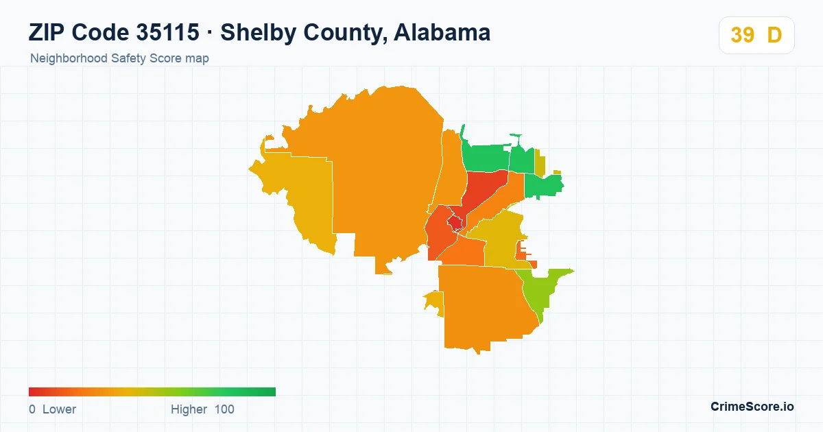ZIP Code 35115 in Shelby County, Alabama neighborhood Safety Score map