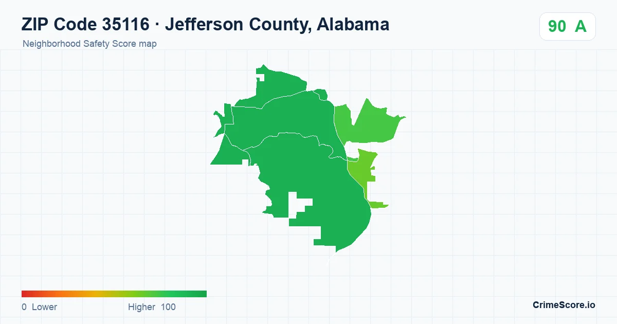 ZIP Code 35116 in Jefferson County, Alabama neighborhood Safety Score map