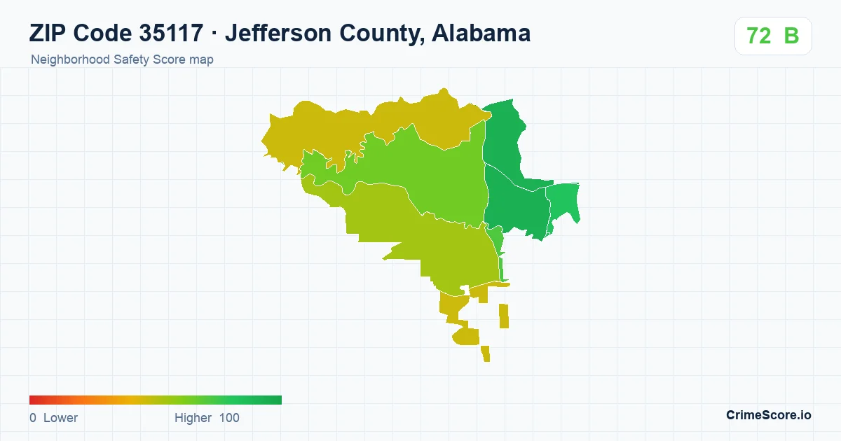 ZIP Code 35117 in Jefferson County, Alabama neighborhood Safety Score map