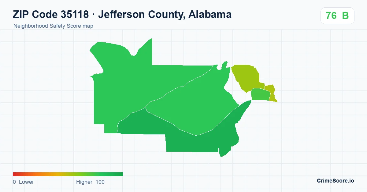 ZIP Code 35118 in Jefferson County, Alabama neighborhood Safety Score map