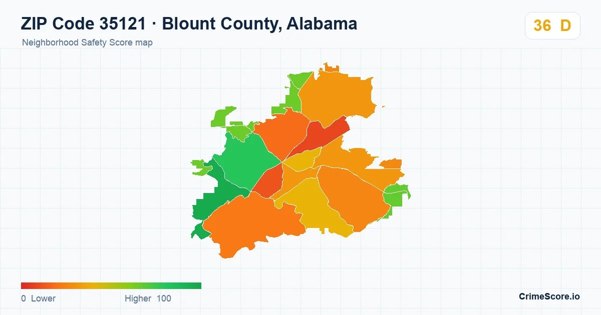 ZIP Code 35121 in Blount County, Alabama neighborhood Safety Score map