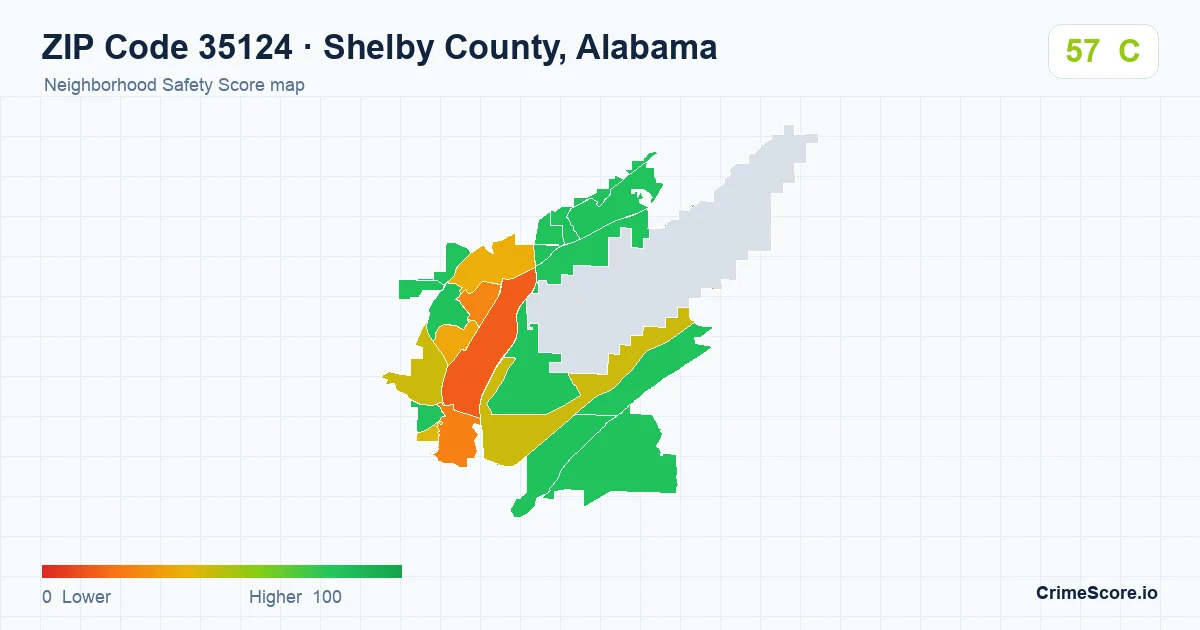 ZIP Code 35124 in Shelby County, Alabama neighborhood Safety Score map