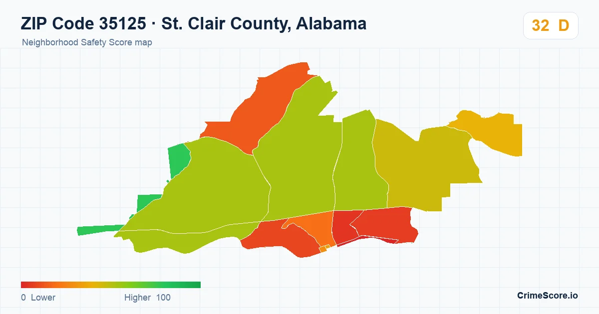 ZIP Code 35125 in St. Clair County, Alabama neighborhood Safety Score map