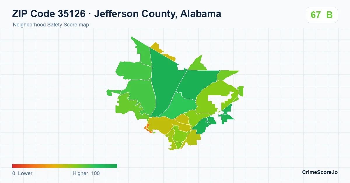 ZIP Code 35126 in Jefferson County, Alabama neighborhood Safety Score map
