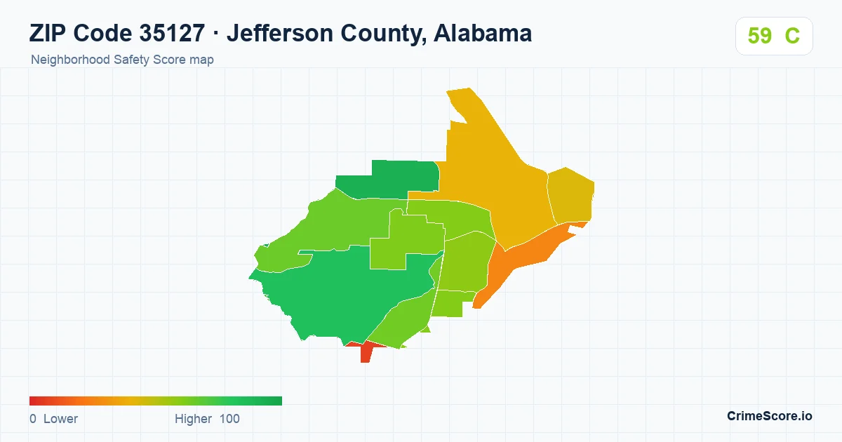 ZIP Code 35127 in Jefferson County, Alabama neighborhood Safety Score map