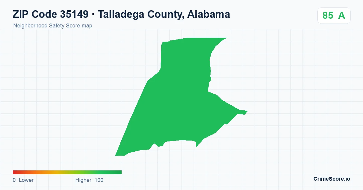 ZIP Code 35149 in Talladega County, Alabama neighborhood Safety Score map
