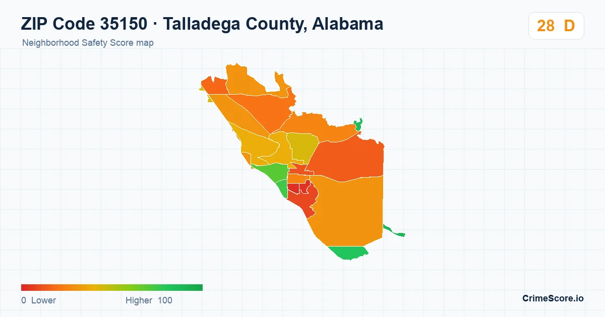 ZIP Code 35150 in Talladega County, Alabama neighborhood Safety Score map