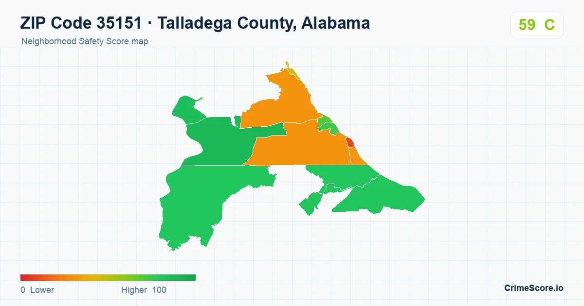 ZIP Code 35151 in Talladega County, Alabama neighborhood Safety Score map