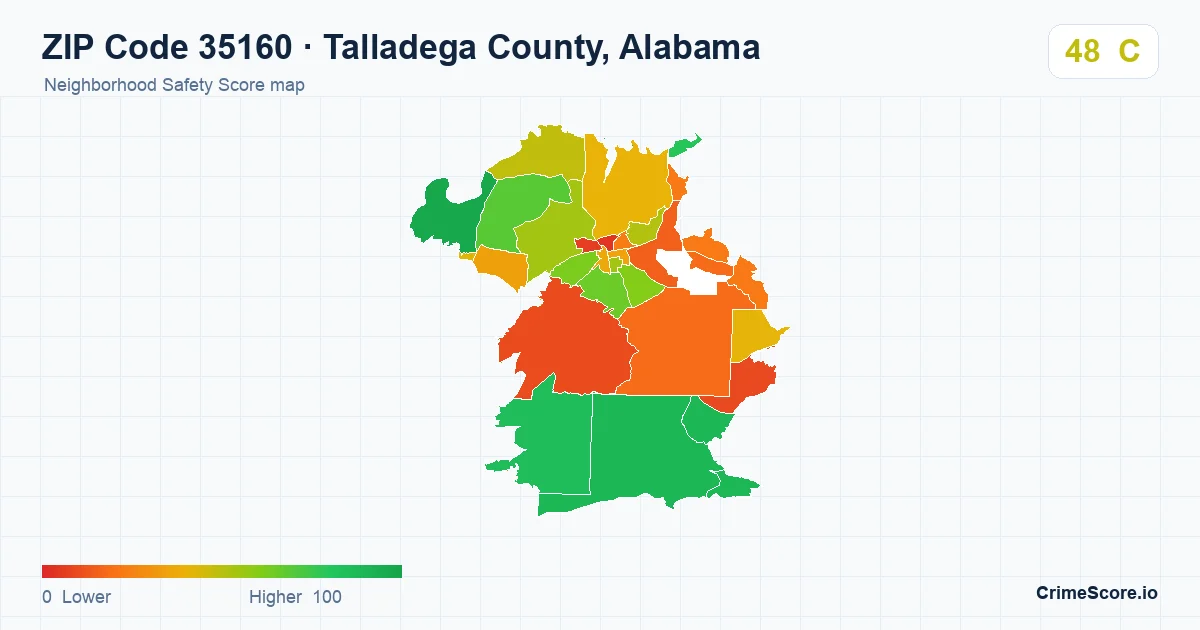 ZIP Code 35160 in Talladega County, Alabama neighborhood Safety Score map